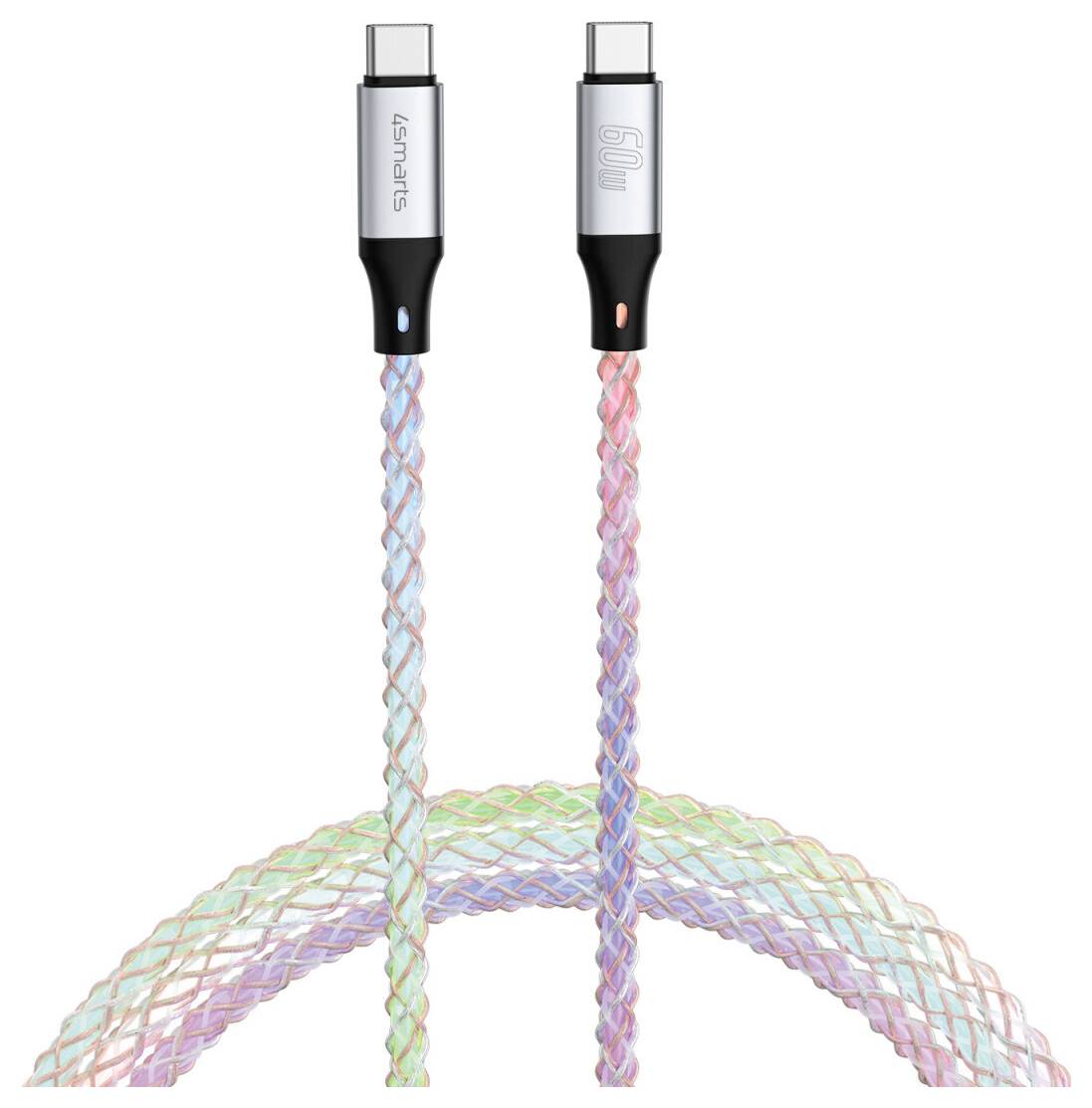 Zwei geflochtene USB-C-Kabel in Blau- und Rosatönen, nebeneinander mit gewebten, pastellfarbenen Schnüren dargestellt.