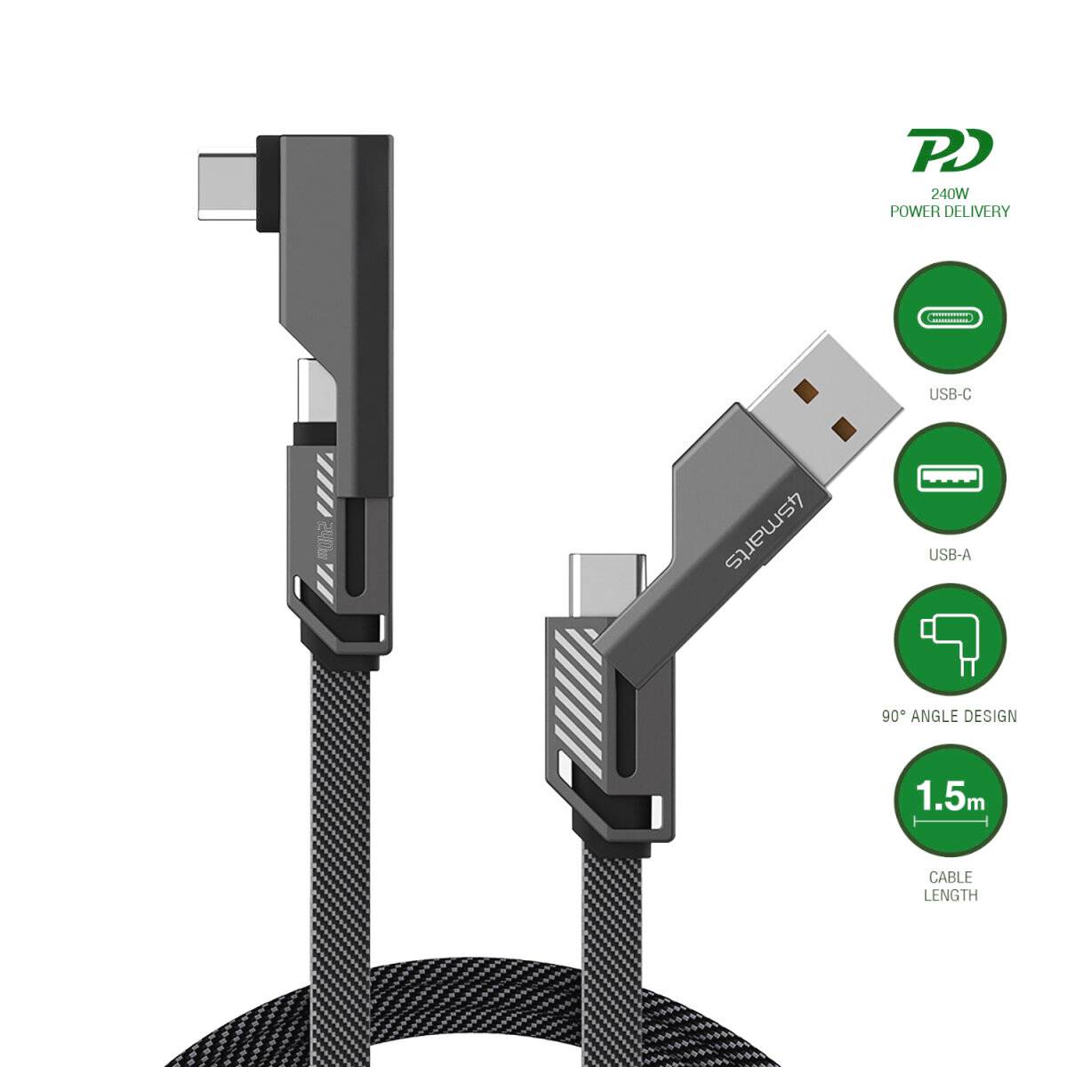 Abgewinkeltes USB-C-auf-USB-A-Kabel, 1,5 m lang, mit 90-Grad-Steckerdesign und 24-W-Stromversorgung.
