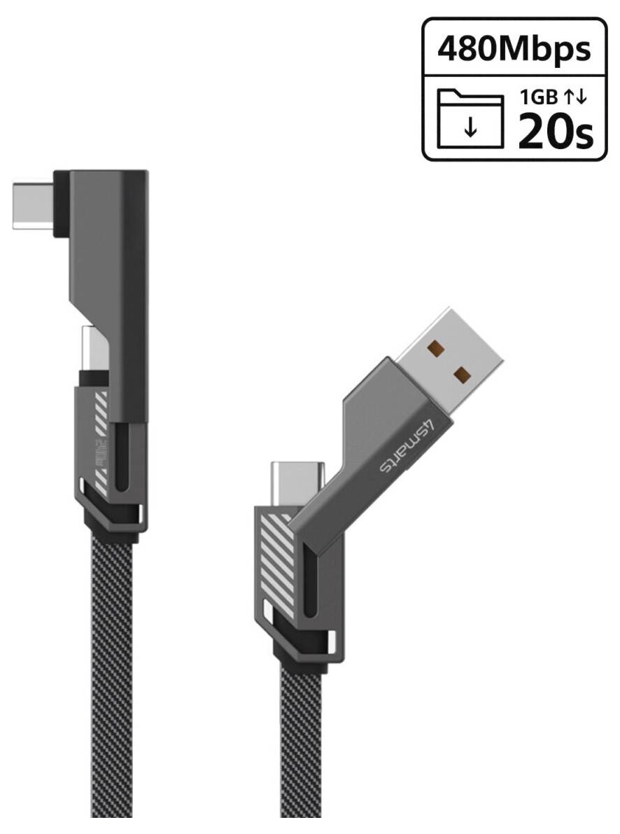 Geflochtenes abgewinkeltes USB-Kabel mit rechtwinkligen Anschlüssen, mit den Bezeichnungen 480 Mbps und 1 GB in 20 s, in zwei Steckerausrichtungen gezeigt.