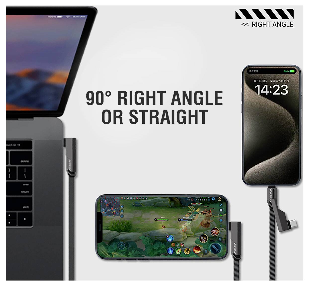 Anzeige für ein Kabel mit 90-Grad-Winkelstecker oder geradem Stecker, das einen Laptop, ein Telefon und ein Gaming-Telefon auflädt.