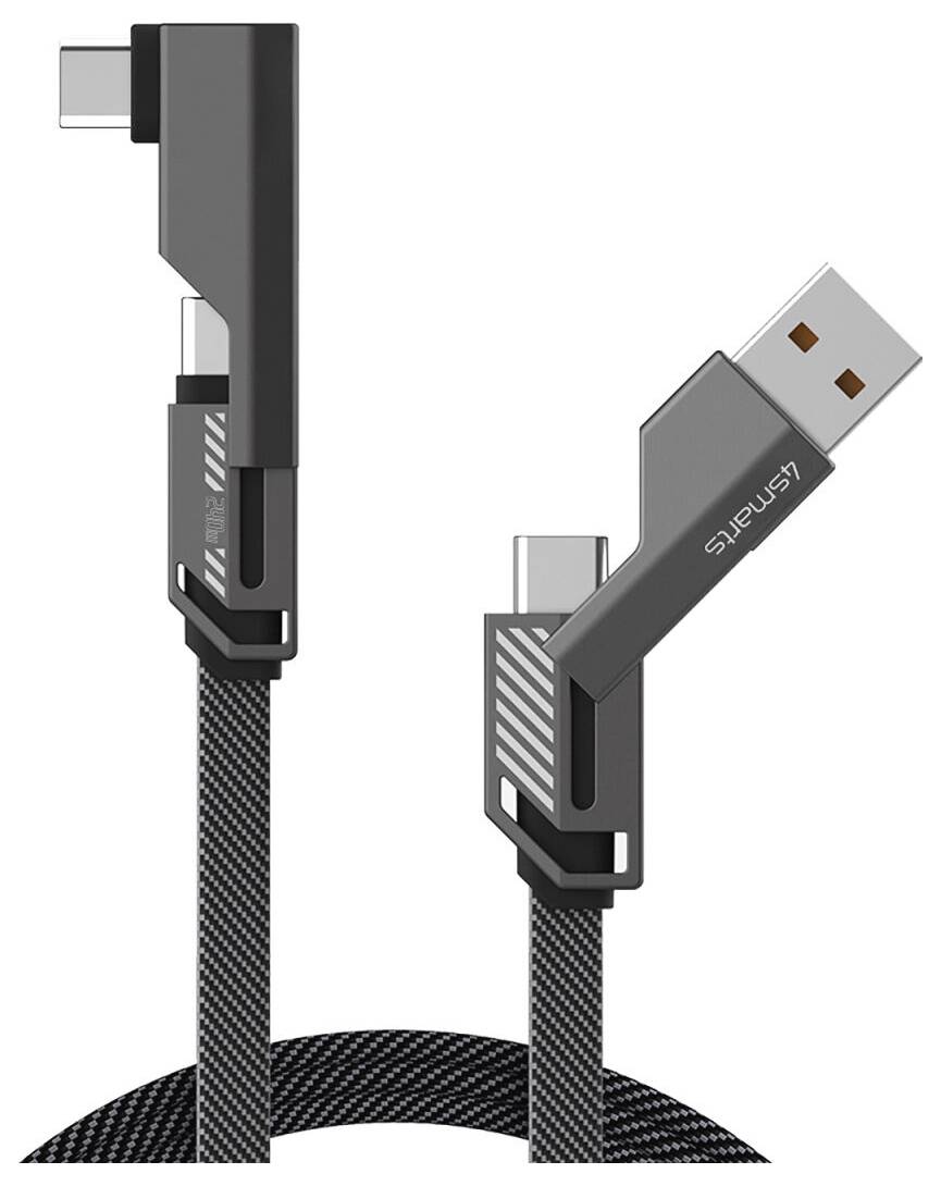 Schwarzes L-förmiges USB-Ladekabel mit gewebtem Flechtwerk und zwei abgewinkelten Steckern auf weißem Hintergrund gezeigt.