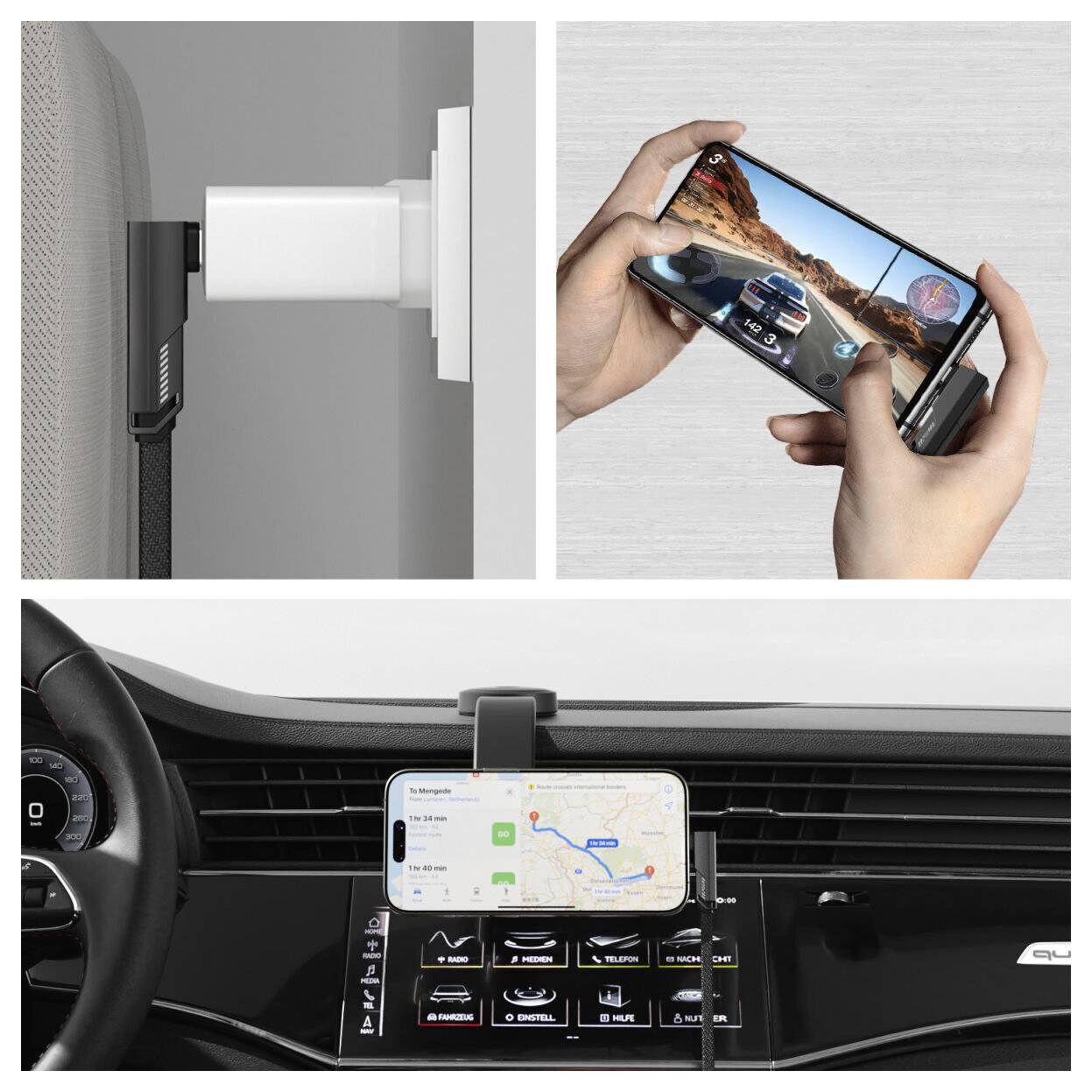 Collage, die eine magnetische Handyhalterung und ein Smartphone, das zum Spielen verwendet wird, sowie ein auf einem Auto-Armaturenbrett montiertes Telefon mit angezeigter Navigation zeigt.