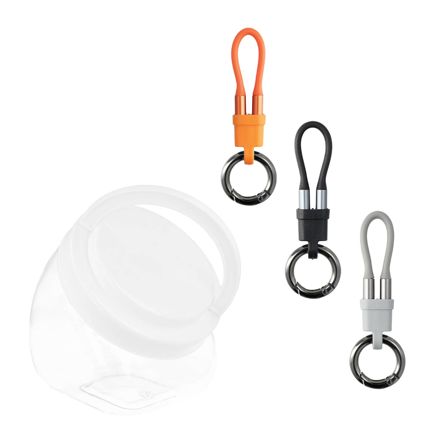 Drei Schlüsselanhänger mit Schlaufen in Orange, Schwarz und Grau, dargestellt mit einer schwachen durchscheinenden Produktsilhouette auf weißem Hintergrund.