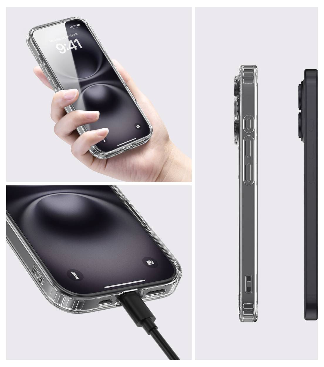 Transparente Handyhülle auf einem iPhone, das in der Hand gehalten und aufgeladen wird, mit Seitenansichten, die das schlanke Profil der Hülle und die Aussparungen hervorheben.