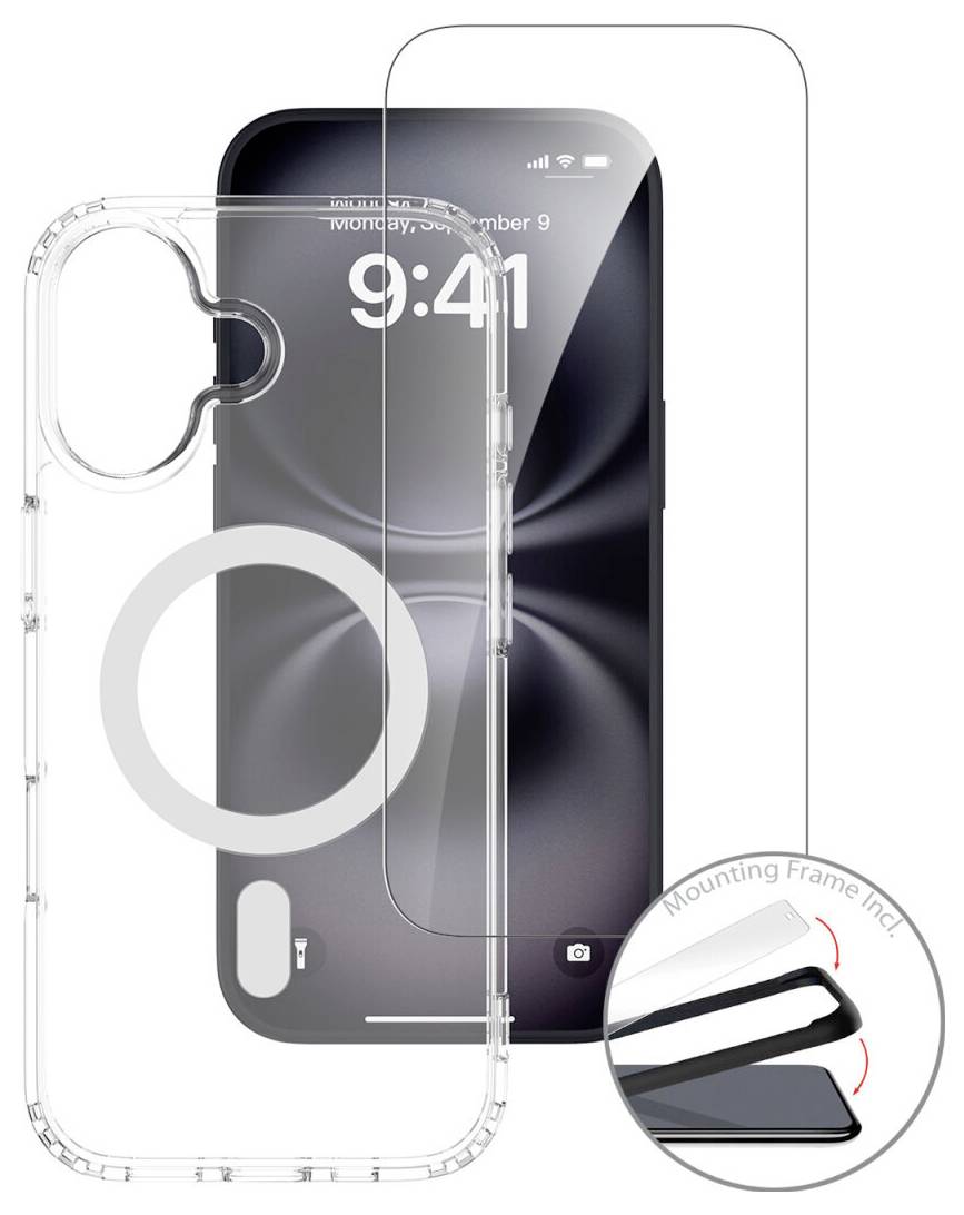 Transparente Smartphone-Schutzhülle mit MagSafe-Ring und schützendem Kamera-Ausschnitt, gezeigt über einem iPhone, plus eine Nahaufnahme des Eckenschutz-Designs.