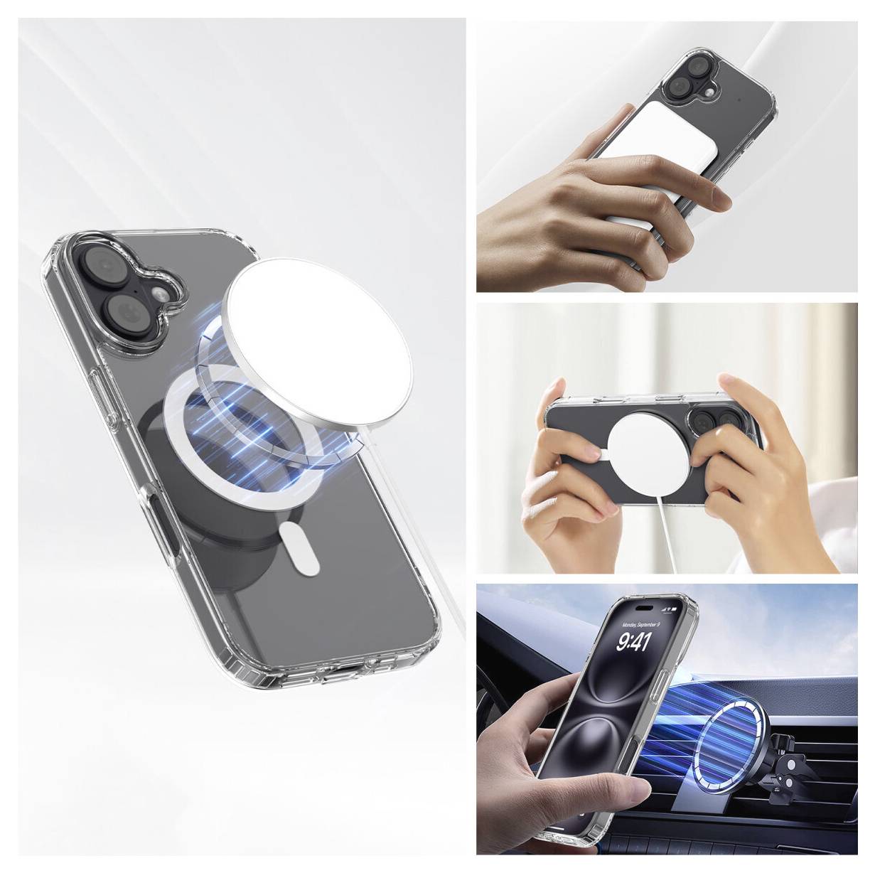 Collage zeigt einen magnetischen Telefonringhalter und Ständer, der an einem Smartphone befestigt ist, einschließlich tragbarer Nutzung und Befestigung am Autarmaturenbrett.