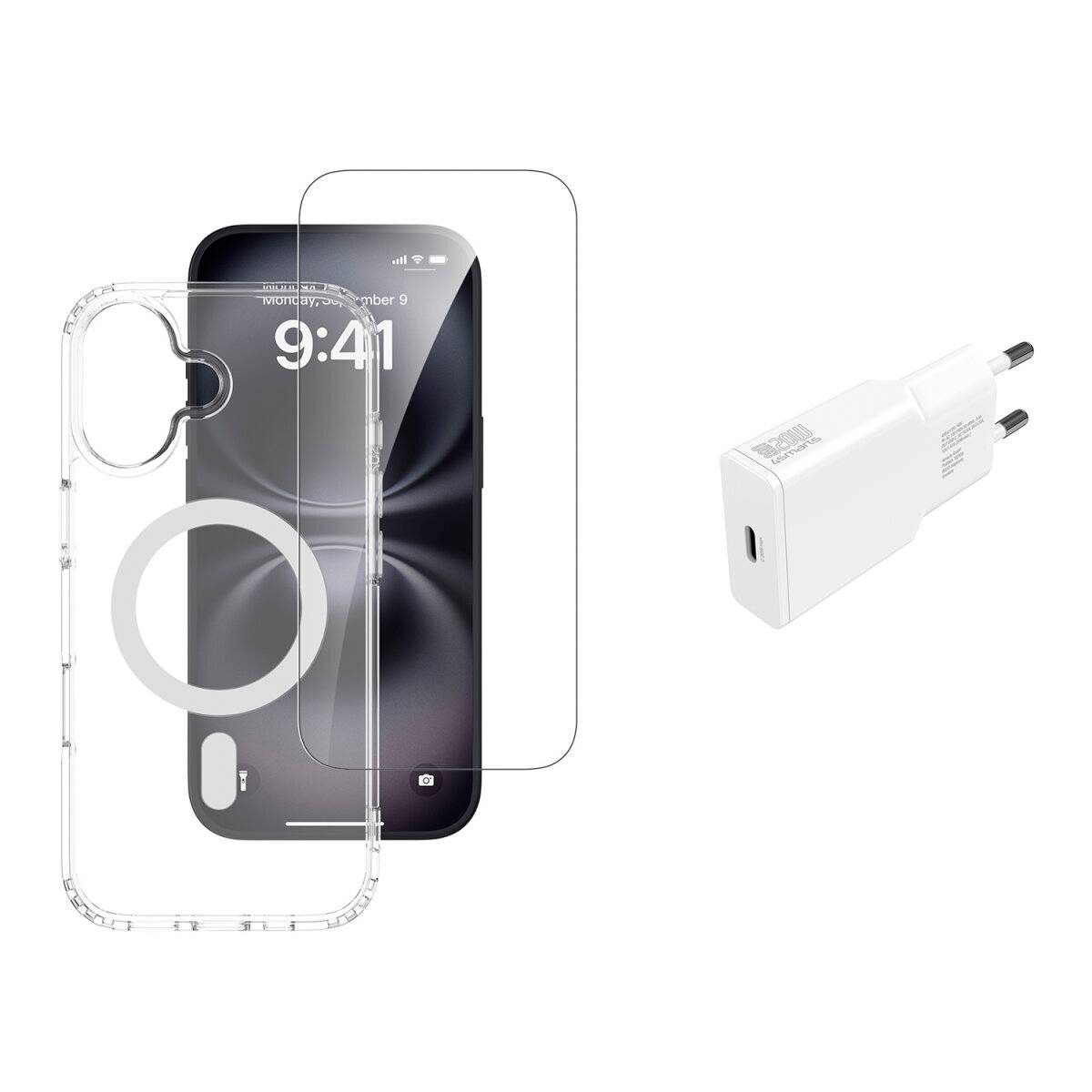 Transparentes iPhone-Schutzhülle und Displayschutzfolie neben einem weißen USB-C-Wandladegerät auf weißem Hintergrund dargestellt.