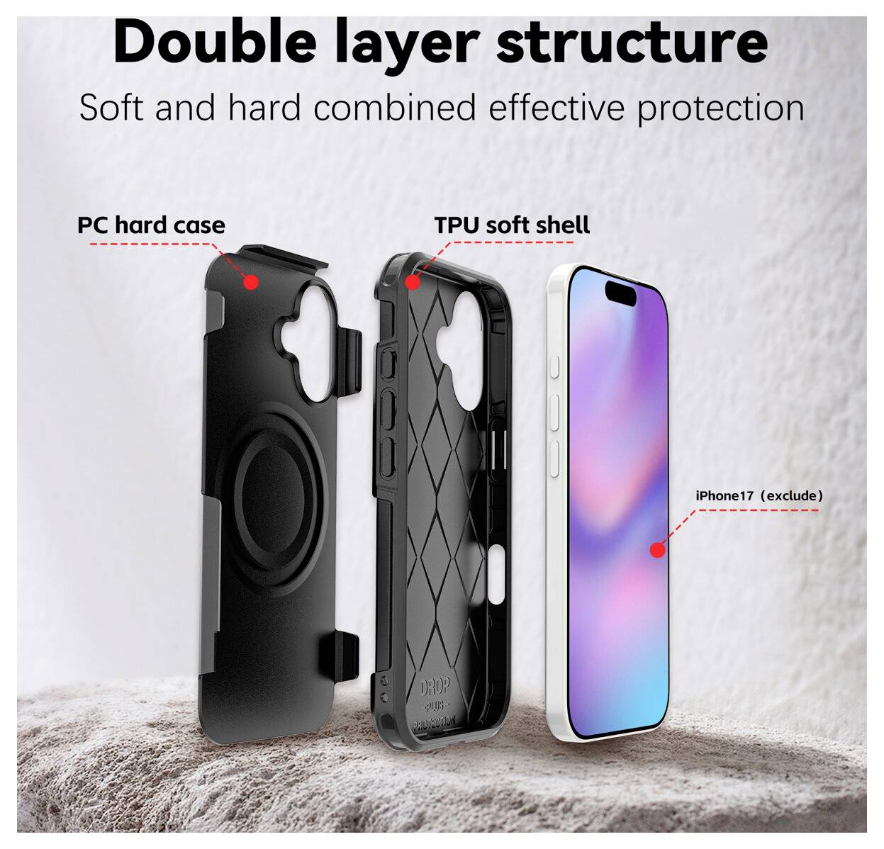 Werbegrafik mit einer doppelschichtigen Handyhülle: PC-Hartschale und TPU-Weichschale mit MagSafe-Ring, neben einem iPhone 17.
