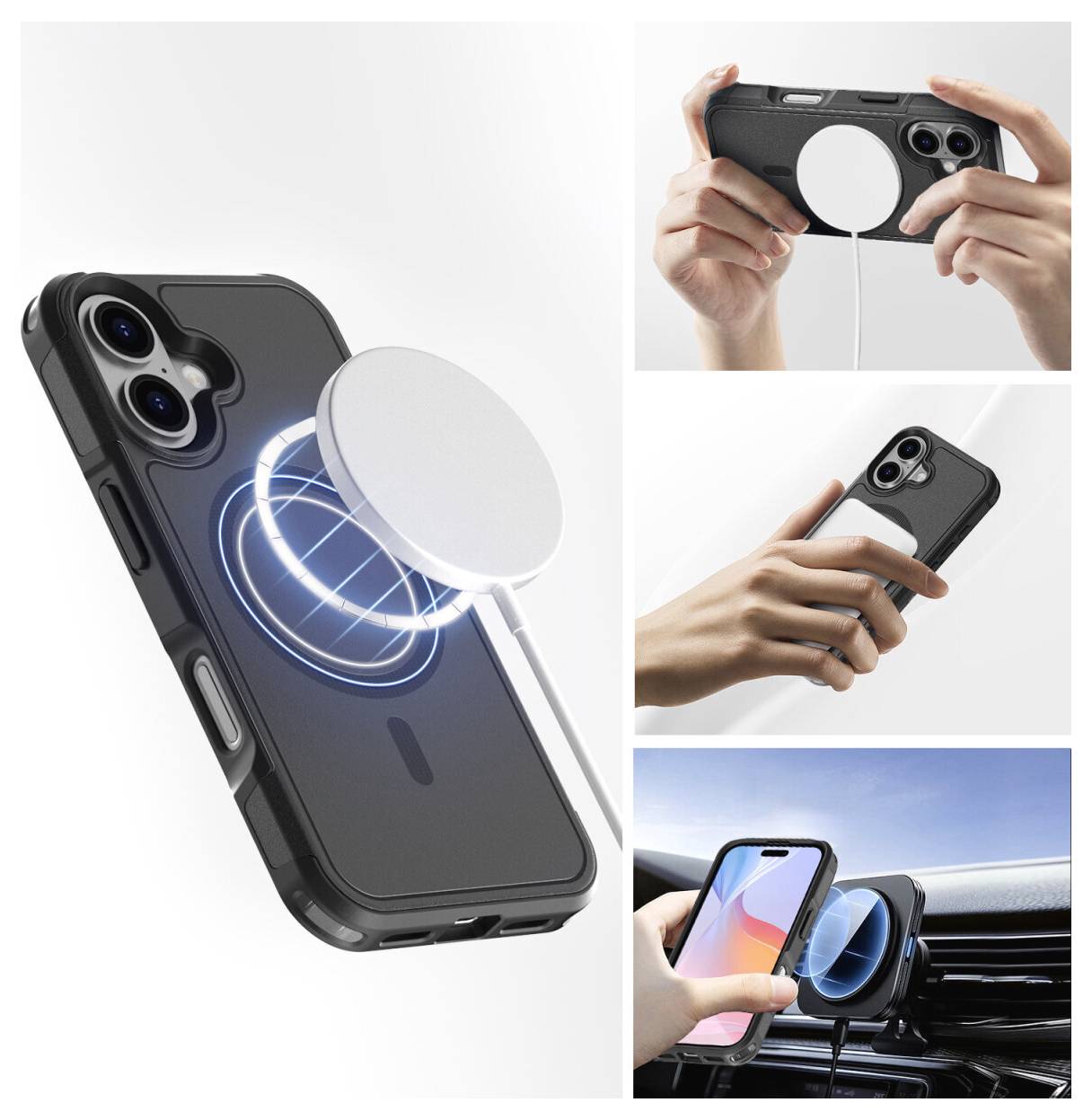Magnetische kabellose Ladehalterung für Smartphones, die auf einer Smartphone-Schutzhülle angebracht ist, mit Händen, die sie in einer Autolüftungshalterung befestigen und verwenden.