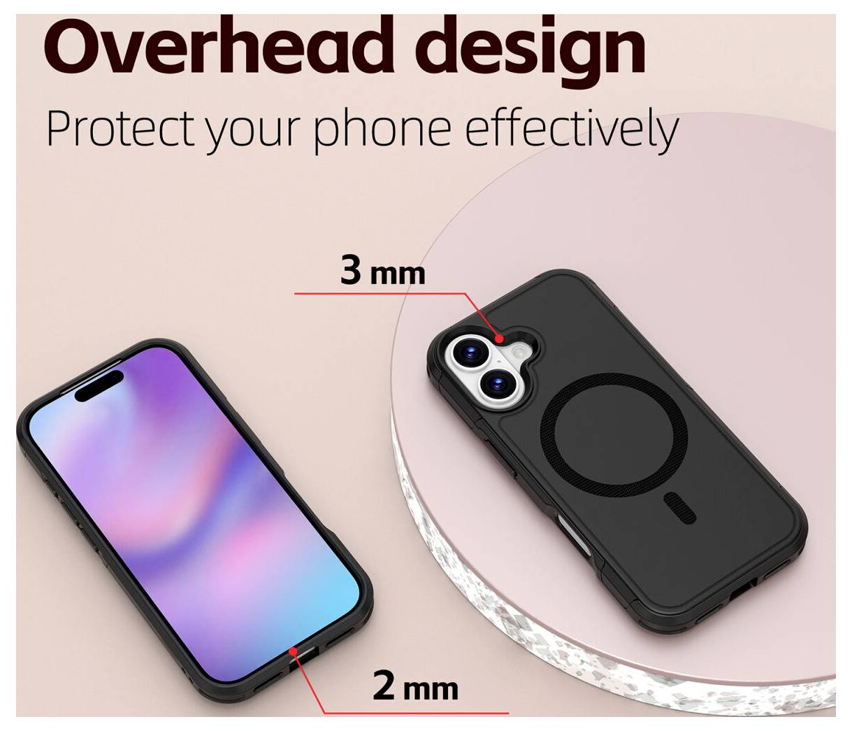 Werbegrafik für ein Overhead-Handyhüllen-Design: „Schützen Sie Ihr Telefon effektiv" mit einer schwarzen Hülle auf einem Telefon, die 3 mm Kamerabuckel und 2 mm Kantenschutz unten zeigt.