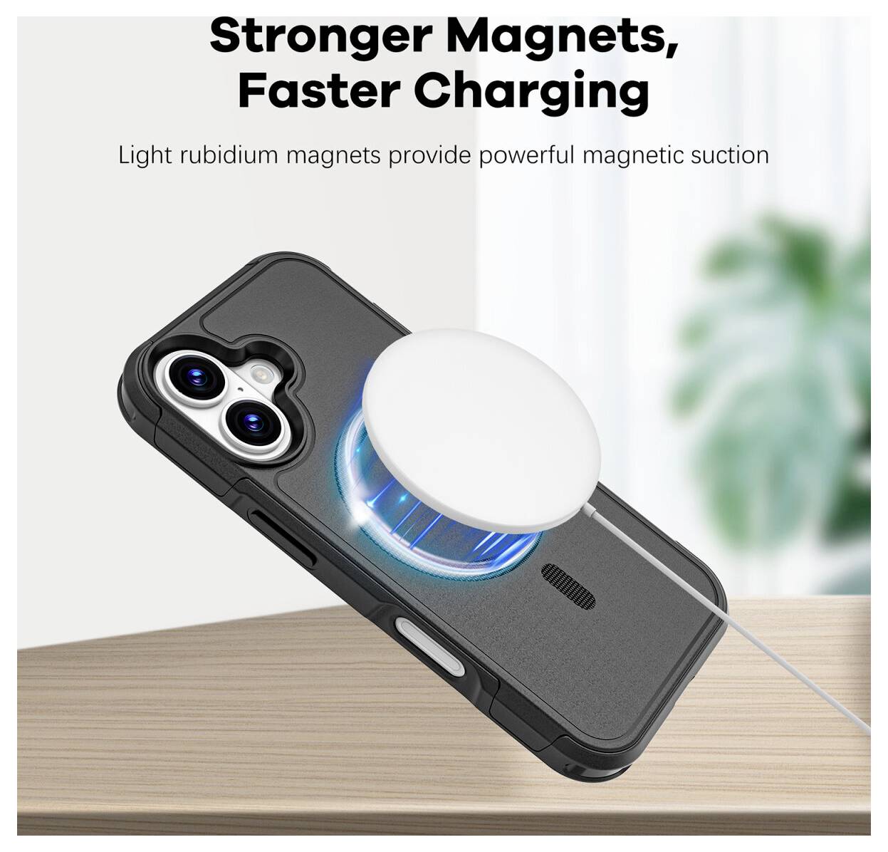 Werbebild einer Handyhülle mit angebrachtem magnetischem Ladegerät; der Text lautet „Stärkere Magnete, schnelleres Laden" und „Leichte Rubidiummagnete bieten starke magnetische Saugkraft".