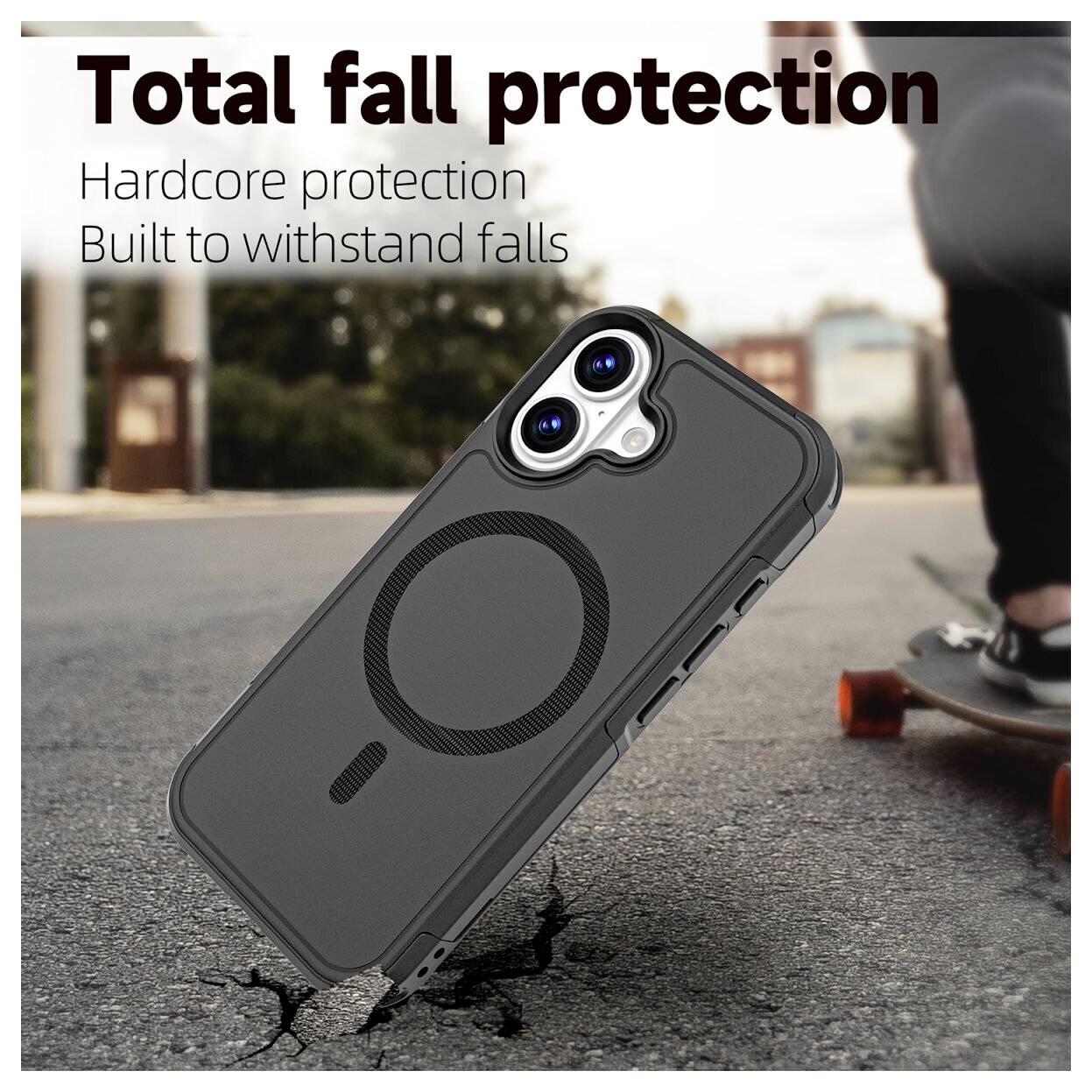 Werbebild einer robusten schwarzen Handyhülle auf einem Smartphone, das einen Sturz auf Asphalt übersteht, mit dem Text „Vollständiger Fallschutz" und „Hardcore-Schutz Gebaut, um Stürze zu überstehen".