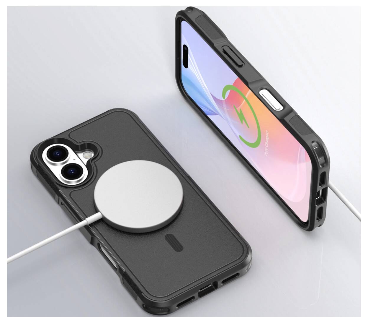 Zwei Smartphones auf einer Oberfläche, eines liegt flach auf einem kabellosen Ladepad und eines steht aufrecht und zeigt ein Ladesymbol an, beide sind durch Kabel verbunden.