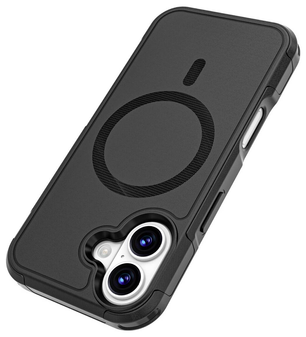 Schwarze Smartphone-Hülle mit integriertem kreisförmigem MagSafe-ähnlichem Ring und offener Kameraausschnitt mit zwei Objektiven.
