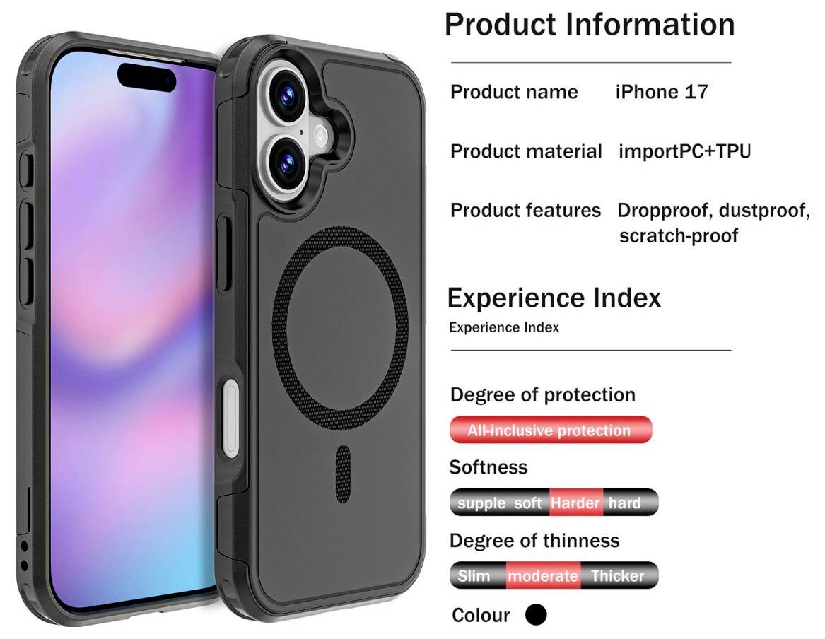 Schwarze iPhone 17 Schutzhülle, gezeigt mit Telefon, mit MagSafe-Ring und Kameraausschnitt; Produktinformationen geben an, dass sie sturzsicher, staubdicht und kratzerresistent ist.