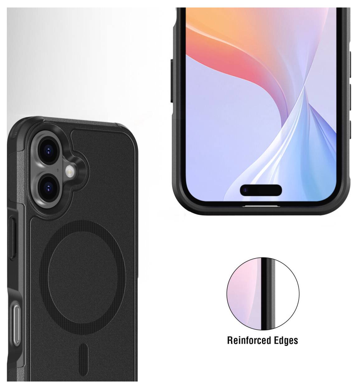Werbegrafik eines schwarzen Smartphone-Gehäuses mit Vorder- und Rückseite, mit einer Beschriftung, die "Verstärkte Kanten" für zusätzlichen Schutz hervorhebt.