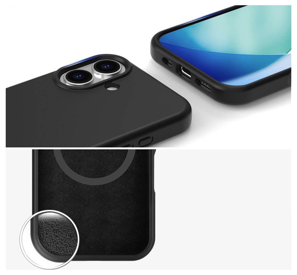 Schwarze Handyhülle mit erhobener Dual-Kamera-Aussparung und strukturiertem Griffdetail, in Nahaufnahme auf einem Smartphone dargestellt.