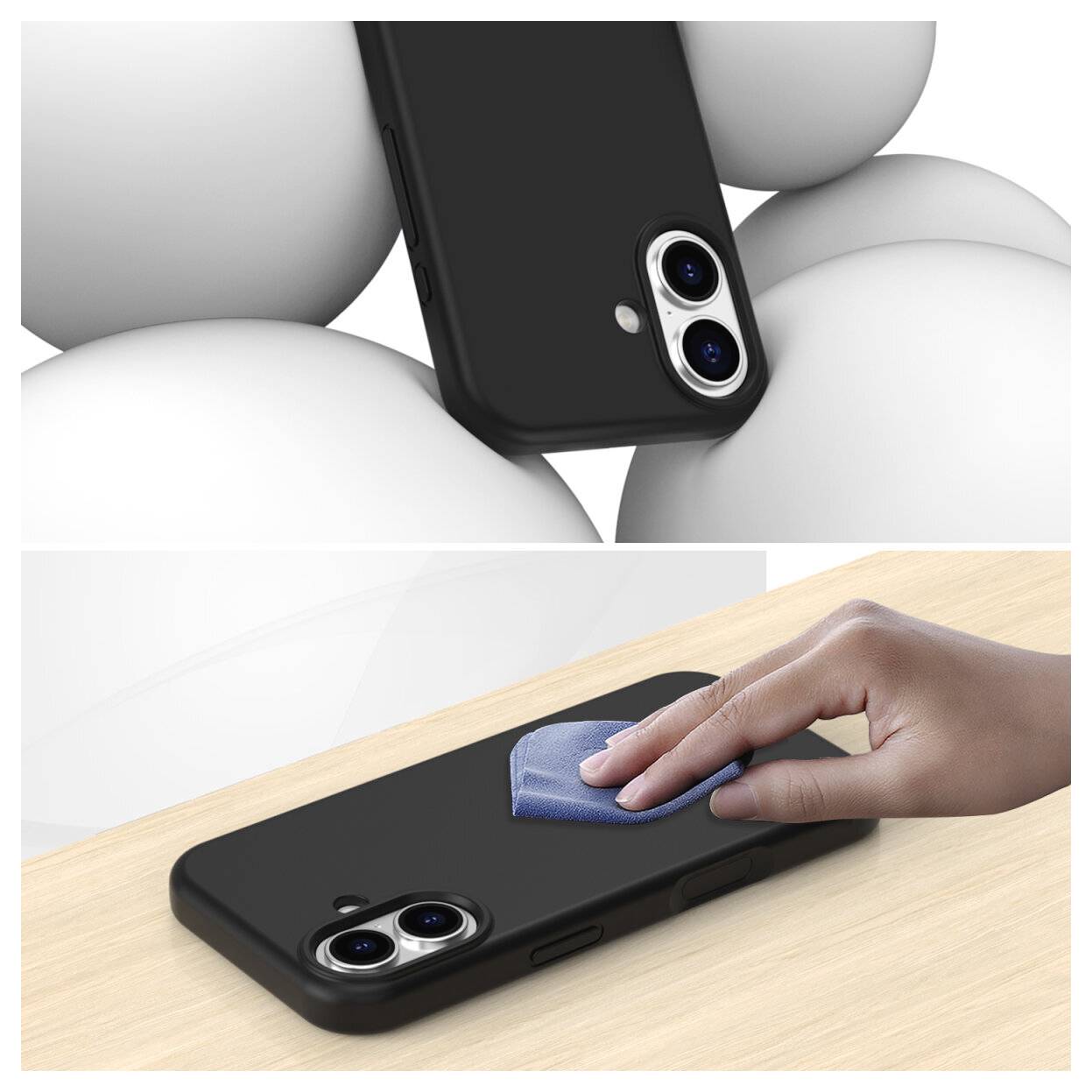 Zweifel-Illustration eines schwarzen Smartphones; oben ist die Rückseite der Kamera in Nahaufnahme zu sehen, unten eine Hand, die das Telefon mit einem Tuch auf einer Holzoberfläche abwischt.