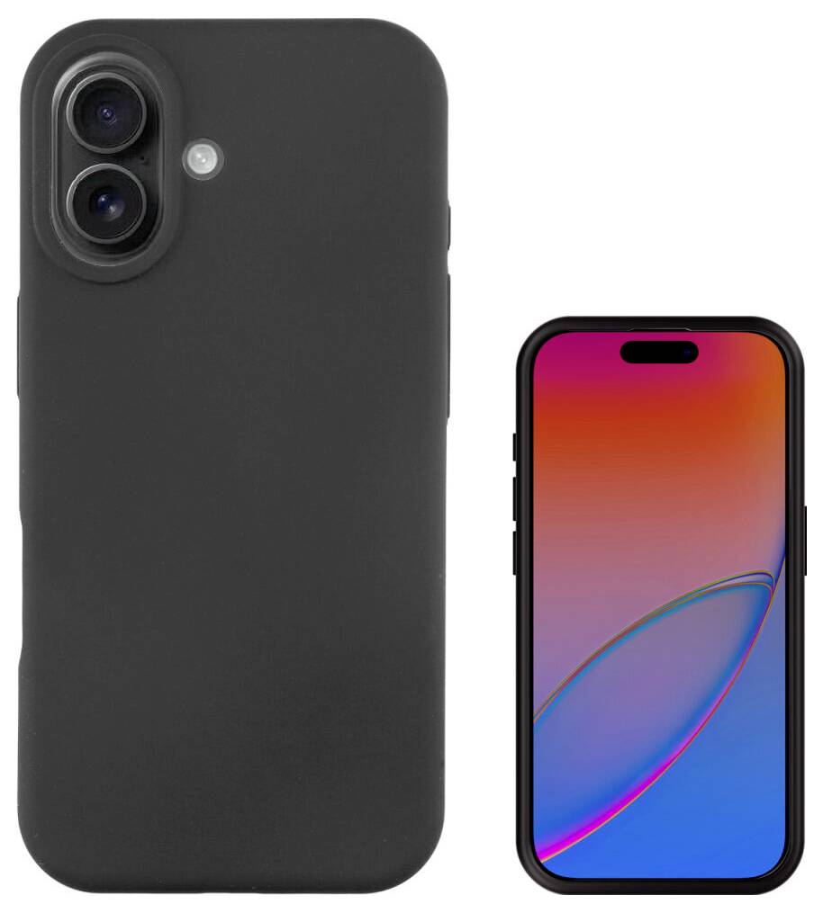Schwarzes iPhone-Gehäuse, das neben einer Vorderansicht eines Smartphones mit farbenfrohem Gradient-Display und pillenförmigem Frontkamera-Ausschnitt gezeigt wird.