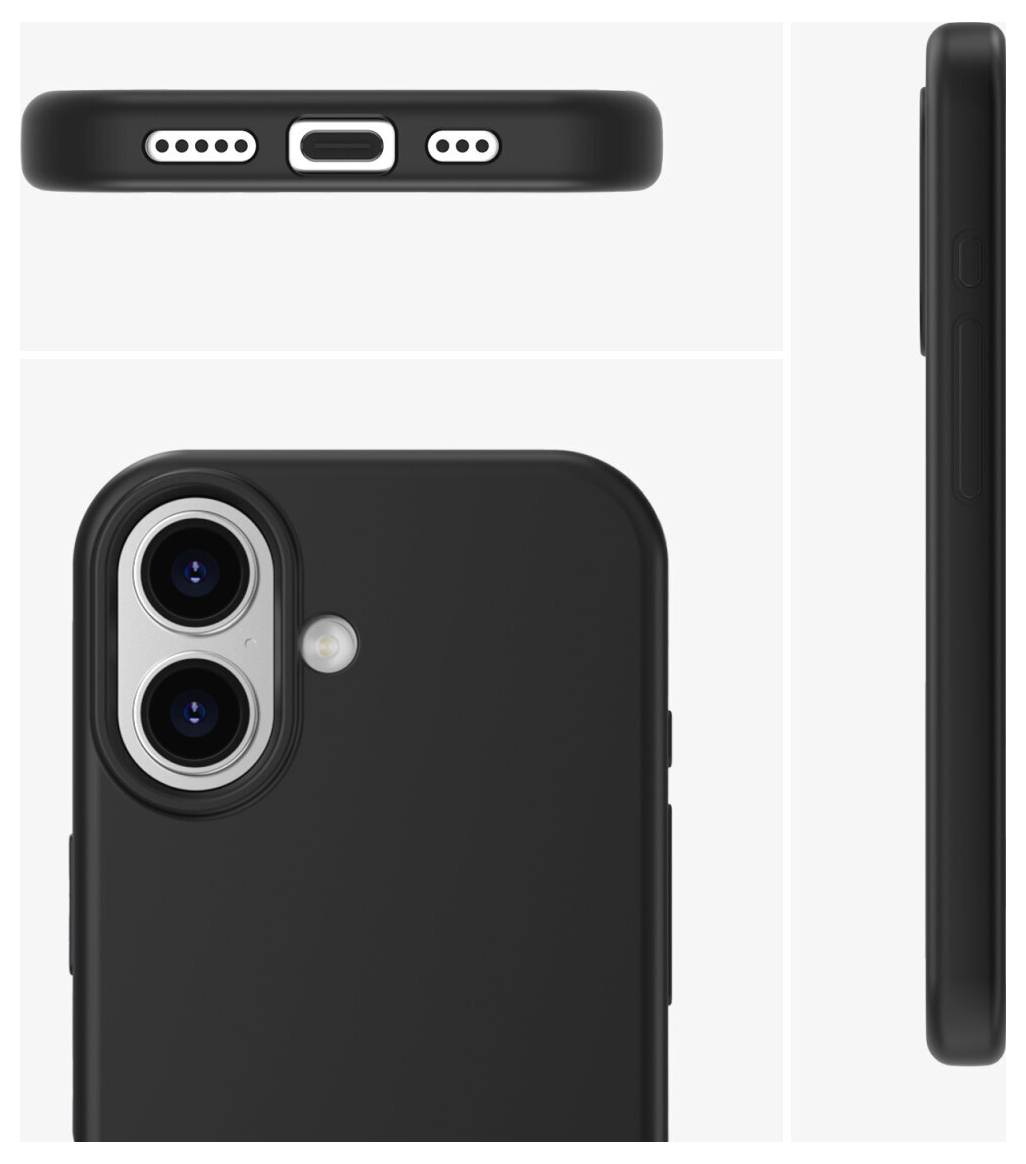 Schwarze Smartphone-Hülle, aus mehreren Blickwinkeln gezeigt, mit Hervorhebung der doppelten hinteren Kameraausschnitte, Blitzöffnung, unterer Ladeanschluss und Seitenprofil.