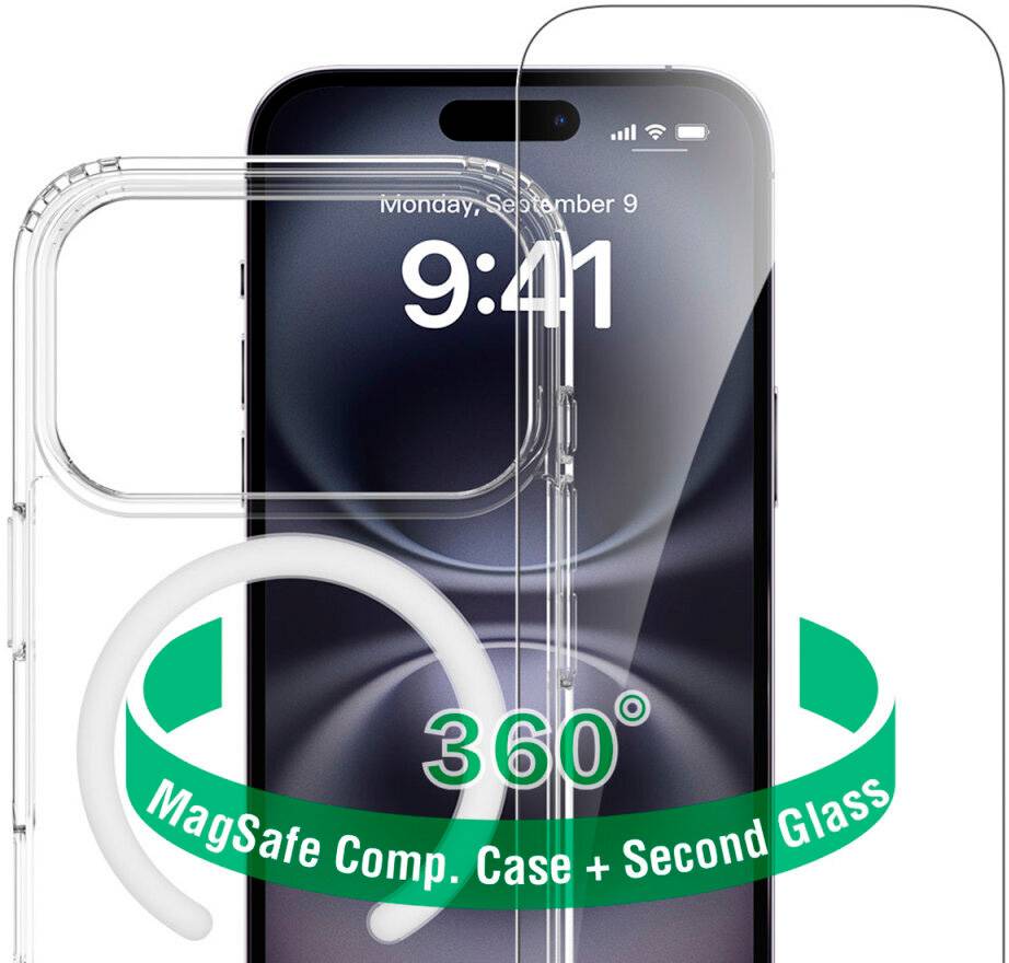 Durchsichtige MagSafe-kompatible iPhone-Hülle mit Displayschutzfolie, gezeigt über einem Telefon, beschriftet mit „360° MagSafe-kompatible Hülle + Second Glass