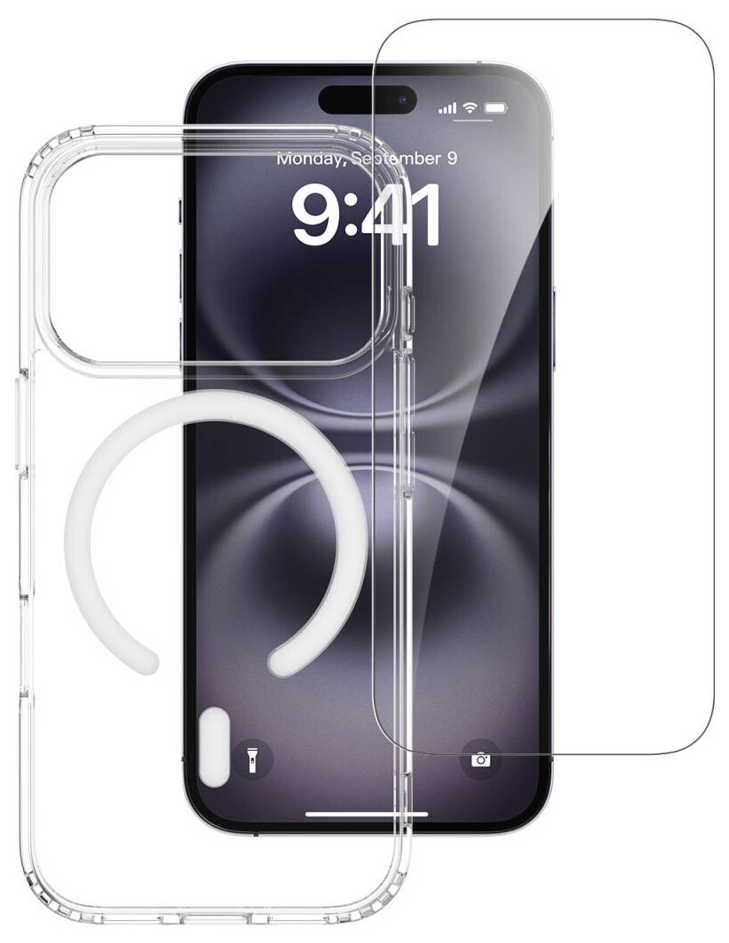 Transparentes Handygehäuse und MagSafe-Ring, gezeigt auf der Vorder- und Rückseite eines iPhones, zur Hervorhebung der Passform und Kompatibilität der Kameraaussparung.