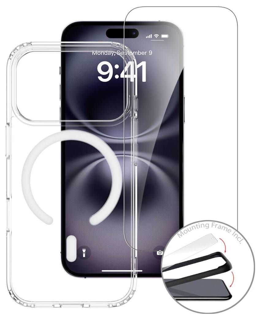 Durchsichtige Schutzhandyhülle, dargestellt auf einem iPhone, mit einem ringförmigen Griffständer und einer vergrößerten Nahaufnahme, die die mehrschichtige Rahmenkonstruktion der Hülle zeigt.