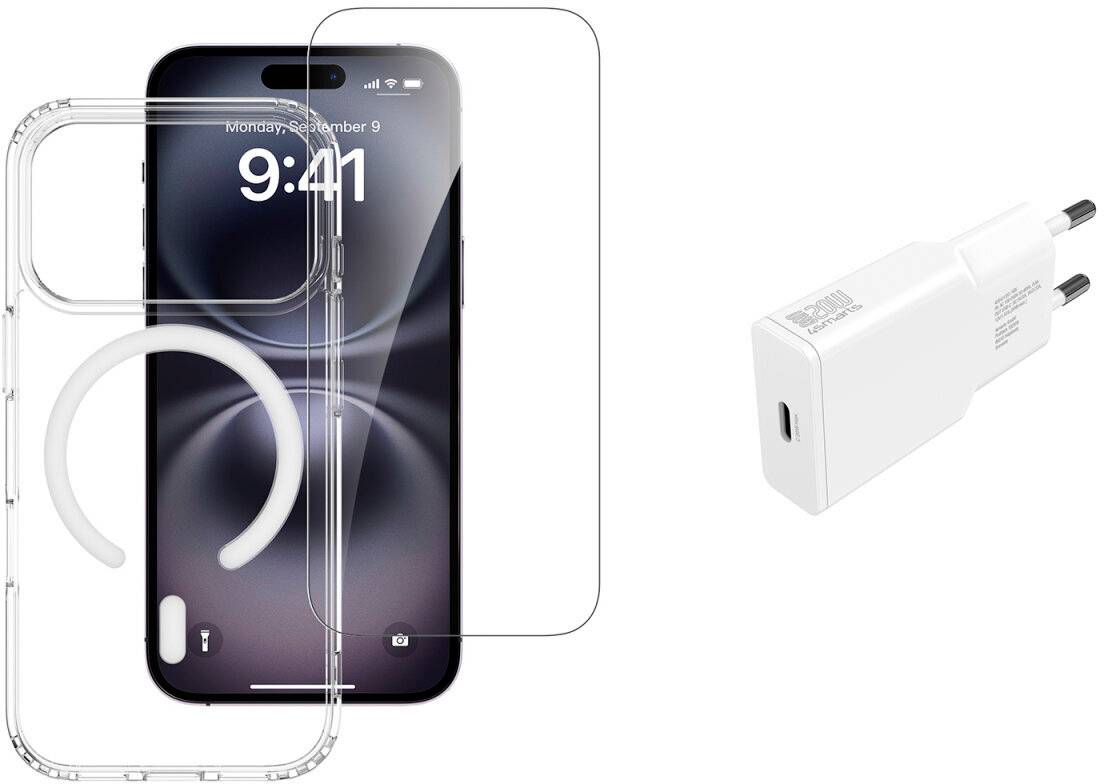 Durchsichtiges Schutzhandyhülle mit einem kreisförmigen MagSafe-ähnlichen Ring und erhöbenem Kamerarahmen, abgebildet neben einem weißen Wandladegerätadapter.