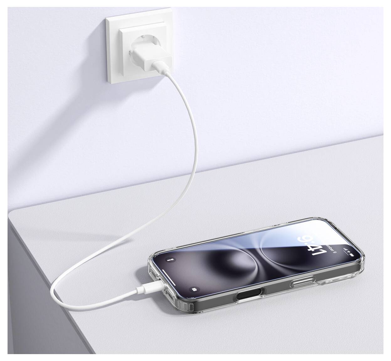 Smartphone wird auf einem Schreibtisch aufgeladen, über ein weißes Kabel mit einer Wandsteckdose verbunden.