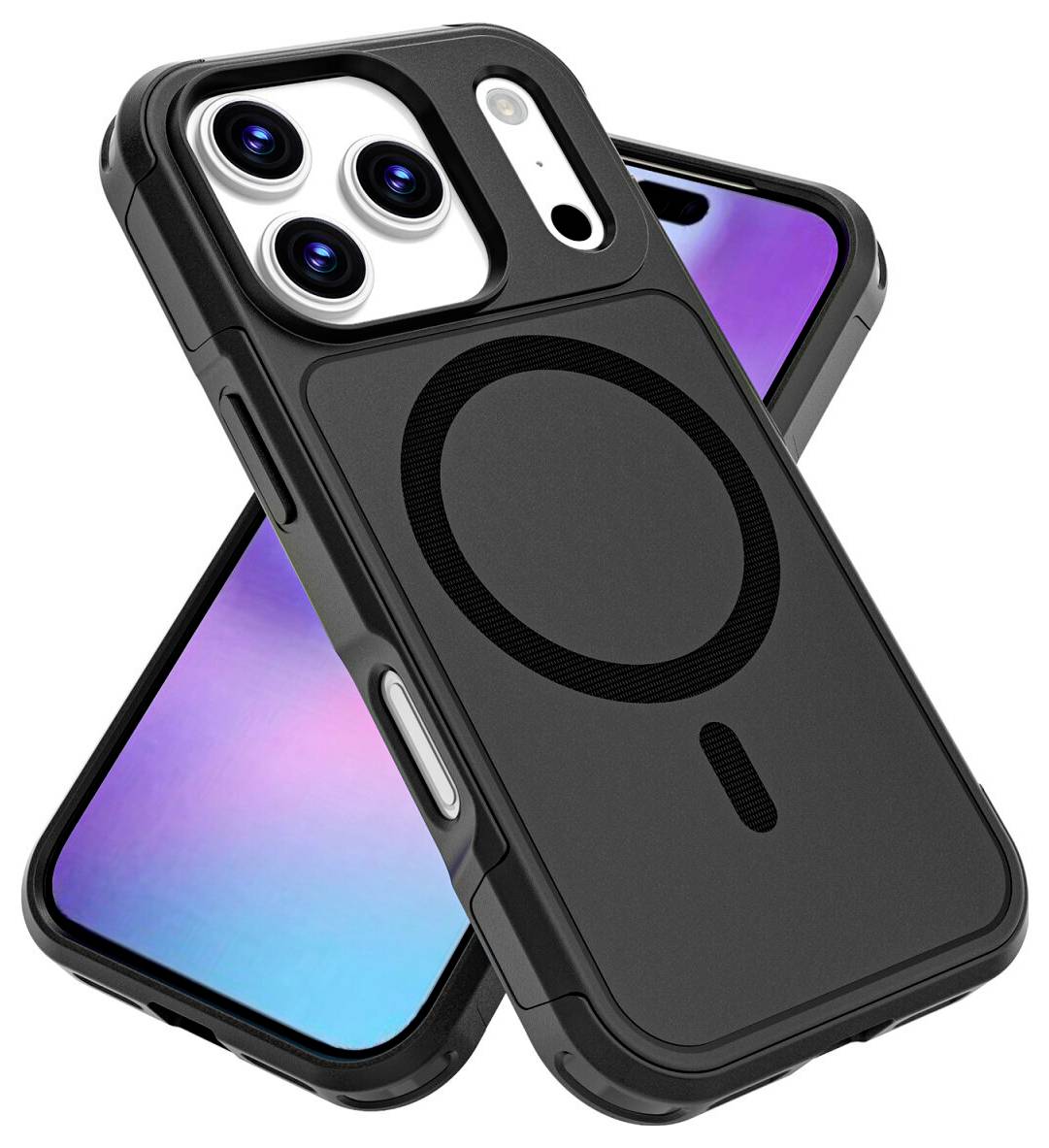 Schwarze Smartphone-Schutzhülle mit ringförmigem MagSafe-ähnlichem Ladekontakt und integriertem Ausschnitt für dreifache Kamera, gezeigt auf einem iPhone-ähnlichen Telefon.