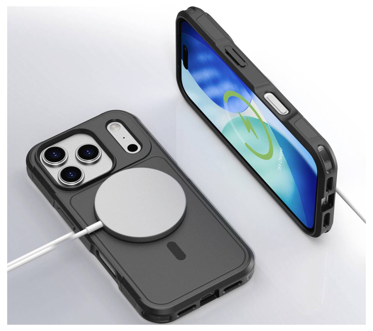 Zwei Smartphones, die mit kabelloses Laden gezeigt werden: Ein Telefon liegt mit dem Gesicht nach unten, wobei ein MagSafe-Ladegerät angebracht ist, während ein anderes aufrecht steht und ein Ladesymbol anzeigt.