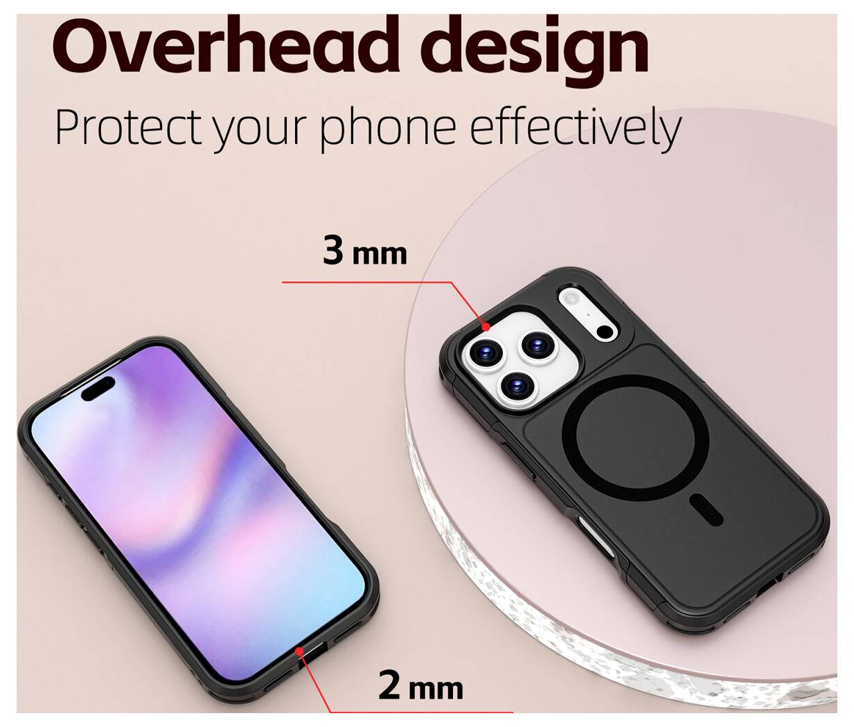 Overhead-DesignSchützen Sie Ihr Telefon effektivEin Telefon und Gehäuse mit 3 mm Kameralippe und 2 mm Kantenstärke.