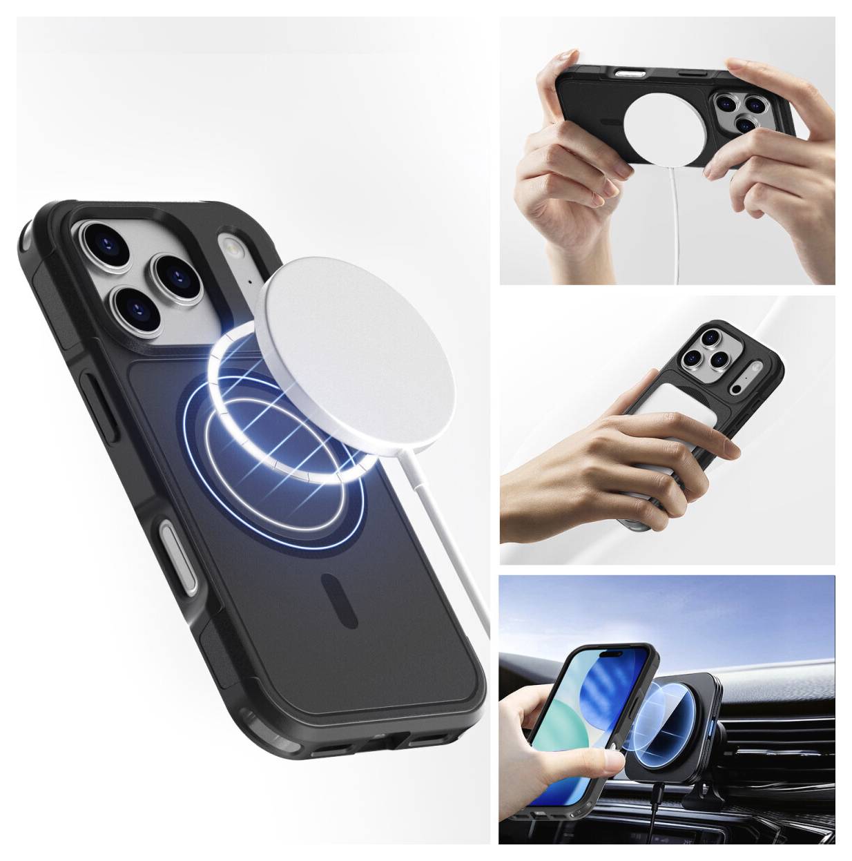 Kabelloses magnetisches Handyladegerät, das an einem Smartphone angebracht ist, dargestellt in Verwendung mit Händen und in einer Autohaltung zum Laden unterwegs.