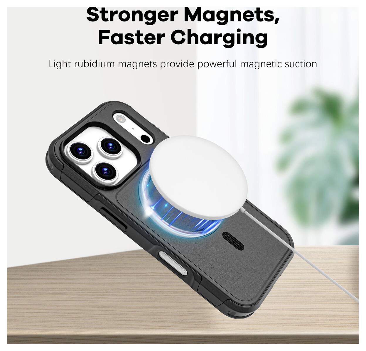 Werbeanzeige zeigt eine Handyhülle, die ein Smartphone auf einem Schreibtisch magnetisch auflädt, mit dem Text „Stärkere Magnete, schnelleres Laden" und „Leichte Rubidium-Magnete bieten starke magnetische Saugkraft".