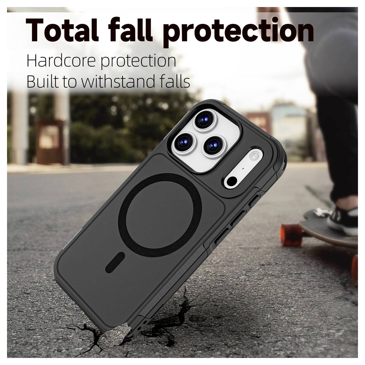 Werbebild eines robusten Schutzkoffers mit der Beschriftung „Totaler Fallschutz" und „Hardcore-Schutz – gebaut, um Stürze zu überstehen", das ein Telefon vor einem Sturz auf Asphalt schützt.