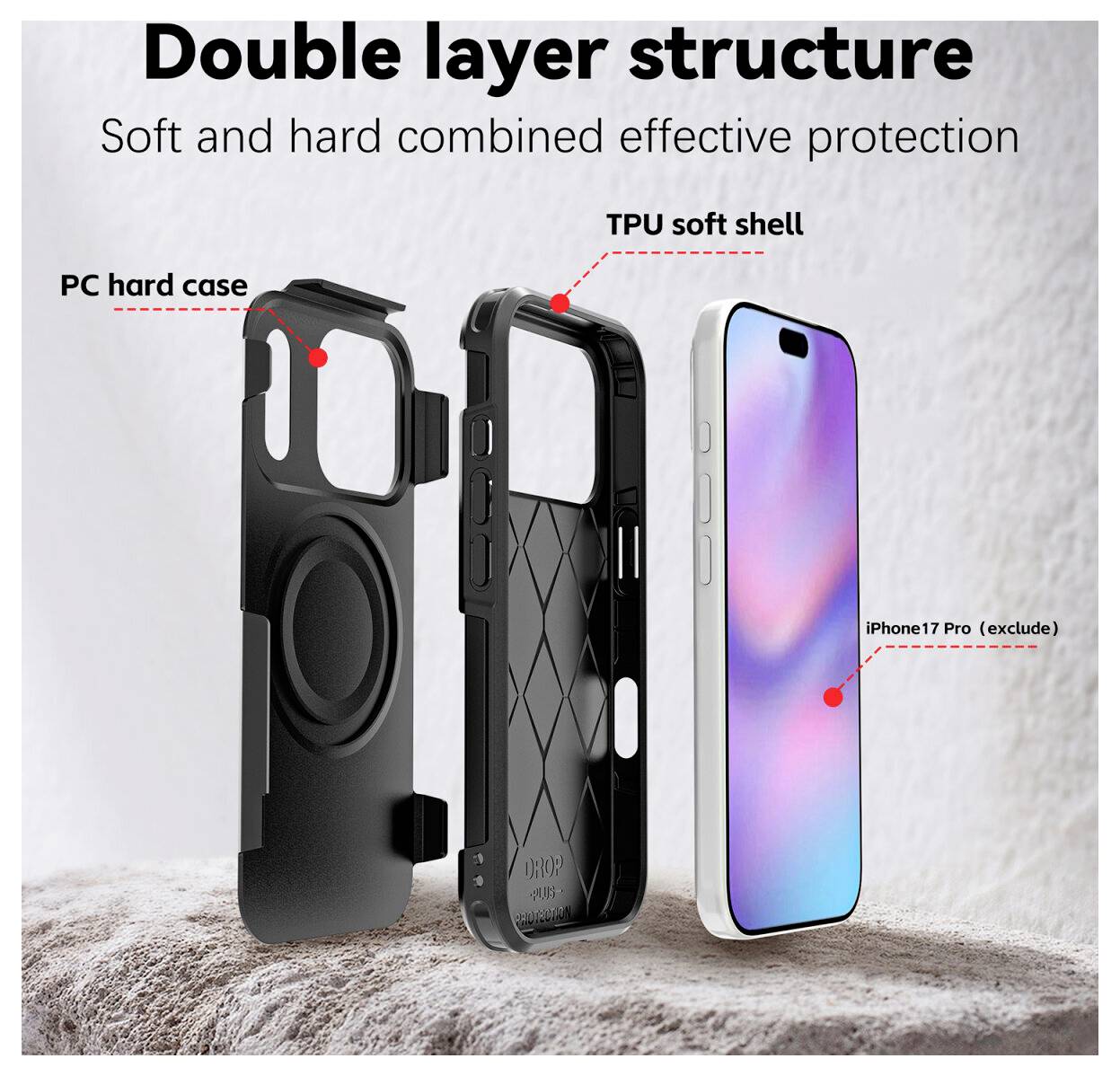 Doppelschichtige Handyhülle in Explosionsdarstellung gezeigt, mit "PC-Hartschale" und "TPU-Weichschale" zum Schutz eines iPhone 17 Pro (nicht enthalten).