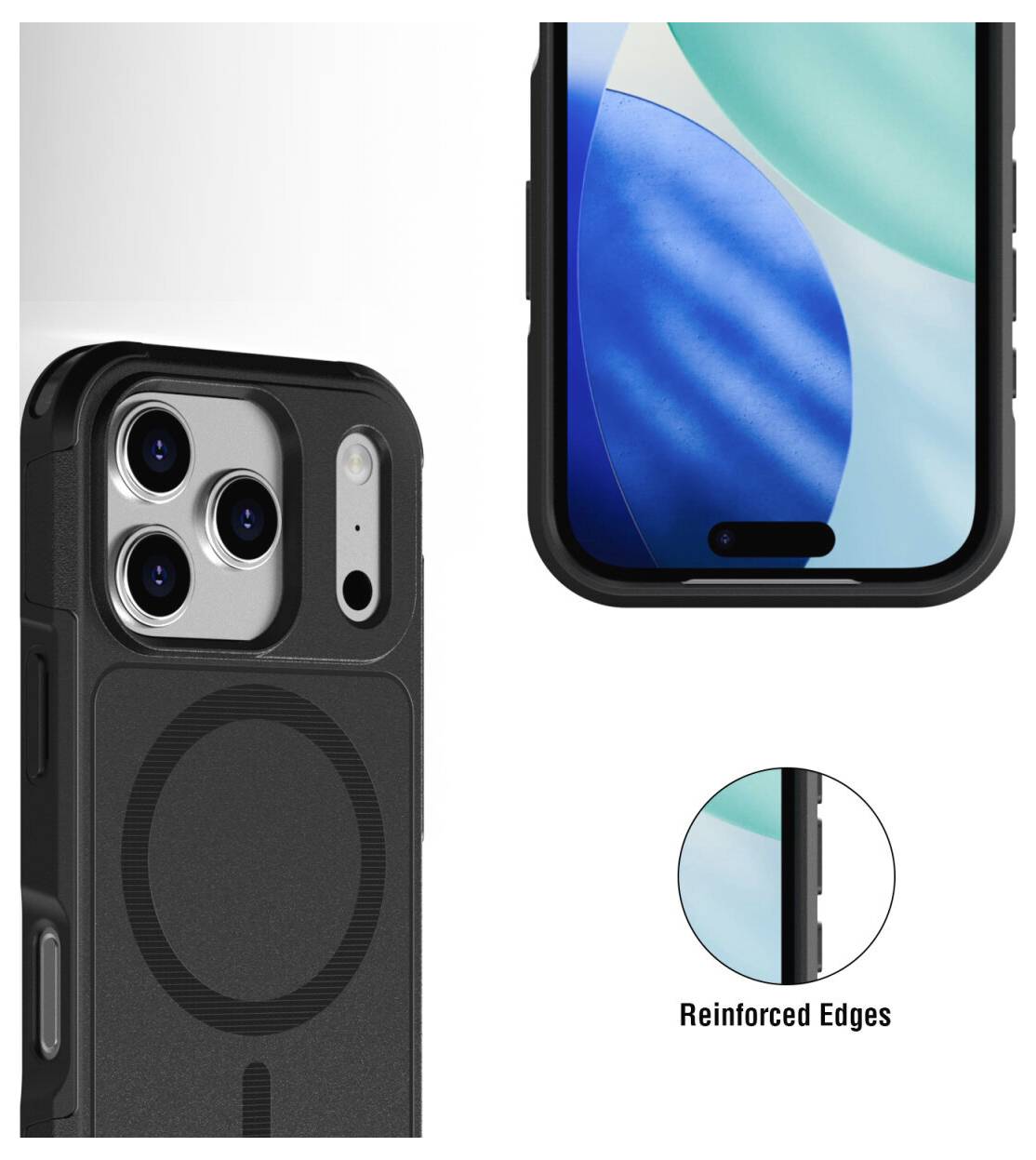 Schwarze Handyhülle mit erhöhtem Kameraschweller und MagSafe-Ring, sowie Ausschnitt mit verstärkten Kanten an der Vorderseite.
