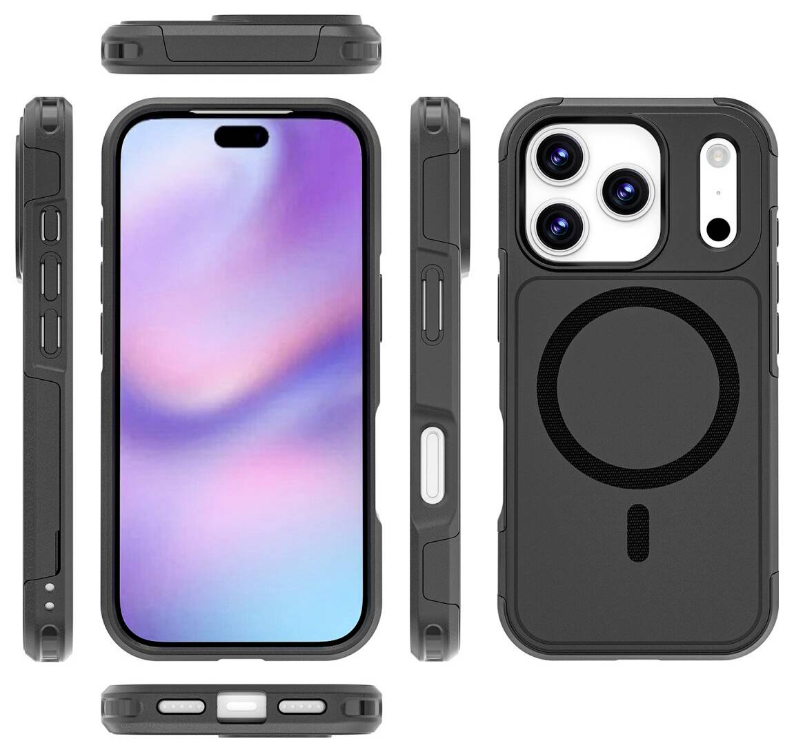 Robustes schwarzes Smartphone-Case, gezeigt von vorne, von hinten und von der Seite, mit erhöhtem Kameratschutz und MagSafe-ähnlichem rundem Magnet auf der Rückseite.
