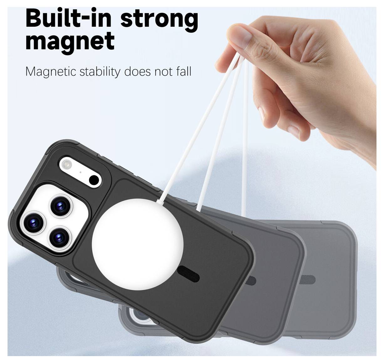 Werbebild eines magnetischen Handyhüllenhalters in einer Hand, mit dem Text „Eingebauter starker Magnet" und „Magnetische Stabilität fällt nicht ab".