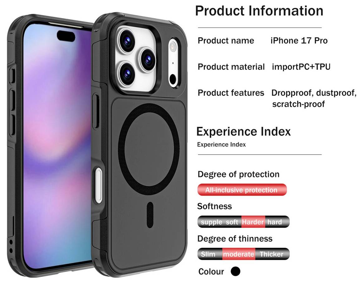 Produktinformationsbild für iPhone 17 Pro Hülle: schwarze TPU/PC-Schutzhülle mit MagSafe-Ring, stoßfest und kratzfest, mit Weichheits- und Dickebewertungen.