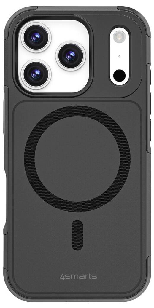 Schwarze Smartphone-Hülle mit integriertem kreisförmigem Magnetring und Kameraausschnitten, Vorderansicht auf weißem Hintergrund.