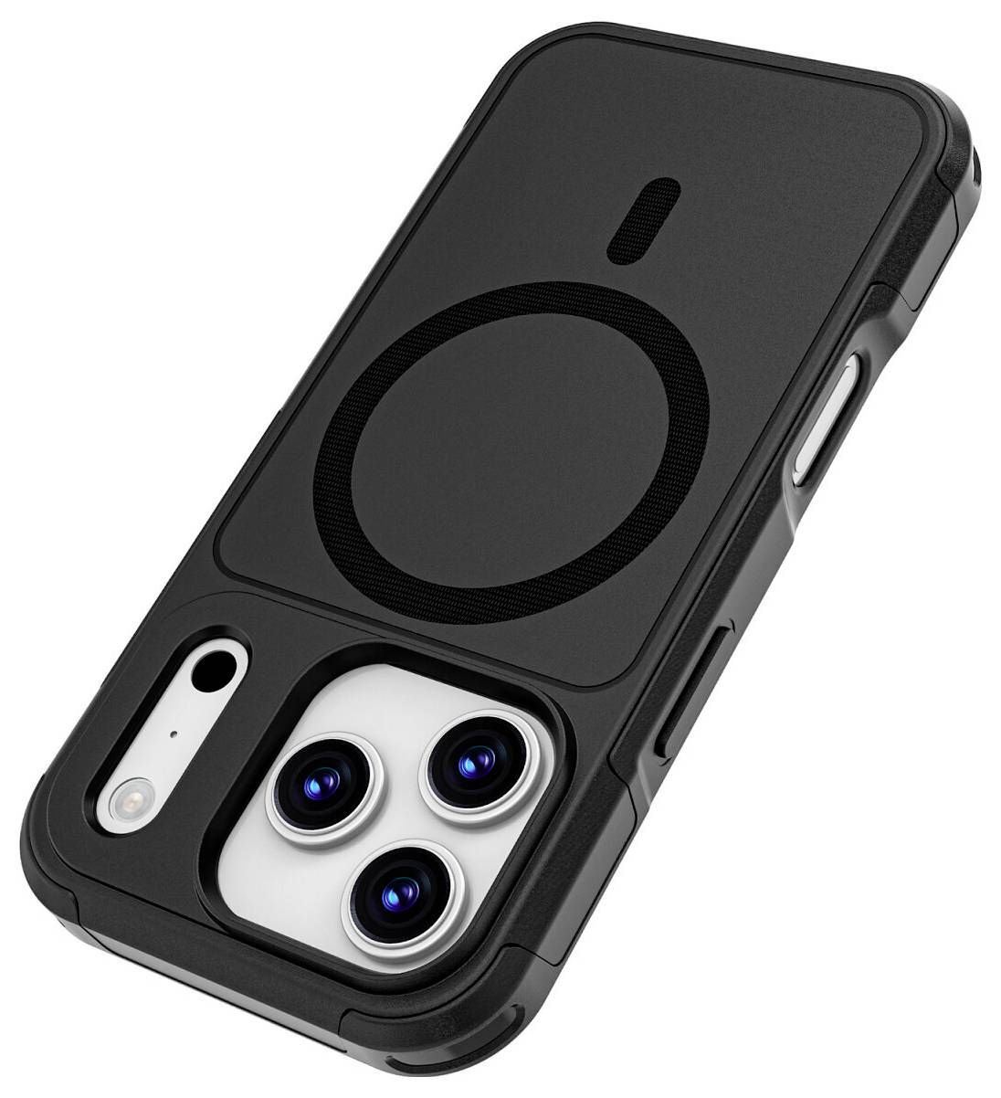 Schwarze Handyhülle mit MagSafe-ähnlichem kreisförmigen Ausrichtungsring und erhöhtem Kameraschutz um einen Ausschnitt für die Triple-Linsen-Smartphone-Kamera.