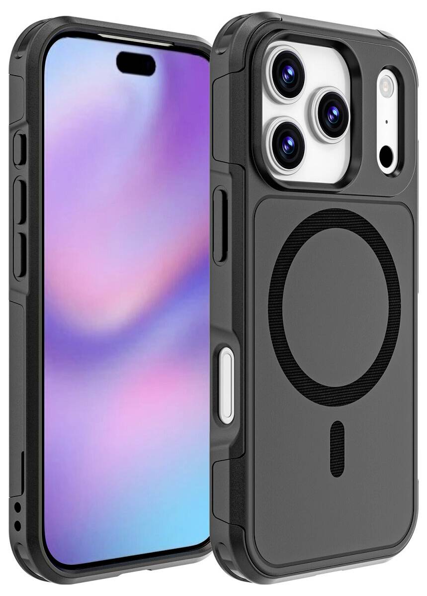 Schwarze Schutzschutzhülle für Smartphones, von vorne und hinten gezeigt, mit erhöhtem Kameraausschnitt und kreisförmigem MagSafe-ähnlichem Ring auf der Rückseite.