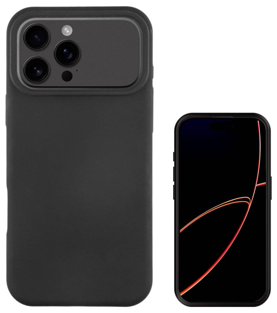 Schwarze iPhone-Hülle mit erweitertem Akku-Pack neben einem Telefon mit dunklem abstraktem Hintergrundbild angezeigt.