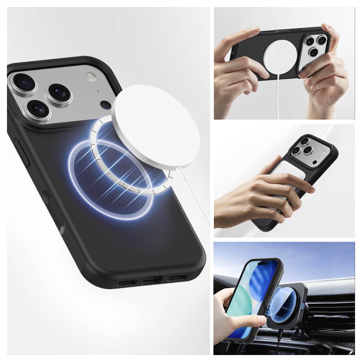 Collage mit einer magnetischen Handy-Halterung und Ringgriff, die an einem Smartphone befestigt sind, einschließlich der Verwendung als Kfz-Armaturenbrett-Halter.
