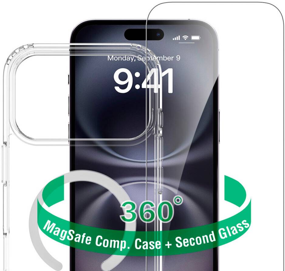 Transparente MagSafe-kompatible iPhone-Hülle mit Displayschutz, gezeigt in Front- und Seitenansicht, mit der Beschriftung „360° MagSafe-kompatible Hülle + Second Glass