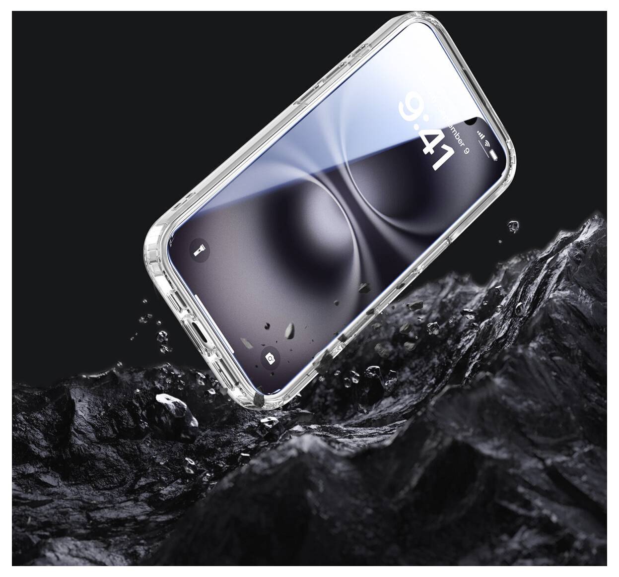 Ein klares Smartphone mit einer transparenten Schutzhülle spritzt durch dunkles Wasser und unterstreicht damit ein robustes, wasserdichtes Design.