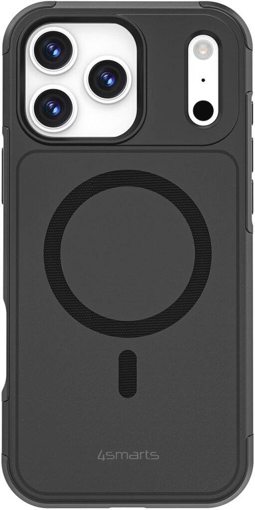 Schwarzes 4smarts iPhone-Schutzhülle mit MagSafe-Ring und drei Kameraausschnitten.
