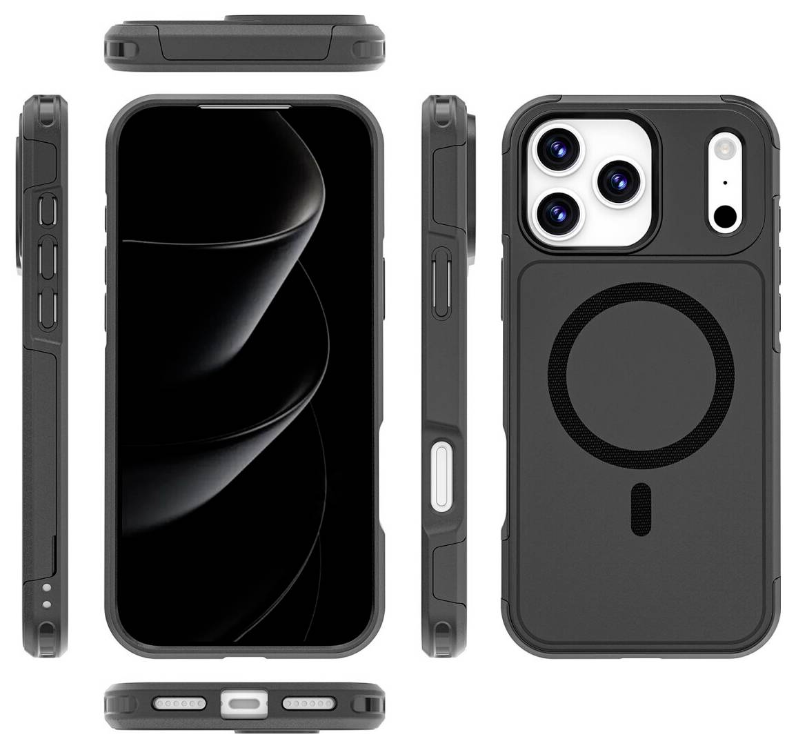 Robustes schwarzes iPhone-Hülle, gezeigt von vorne, hinten, oben, unten und von der Seite, mit MagSafe-Ring und erhöhtem Kameroschutz.