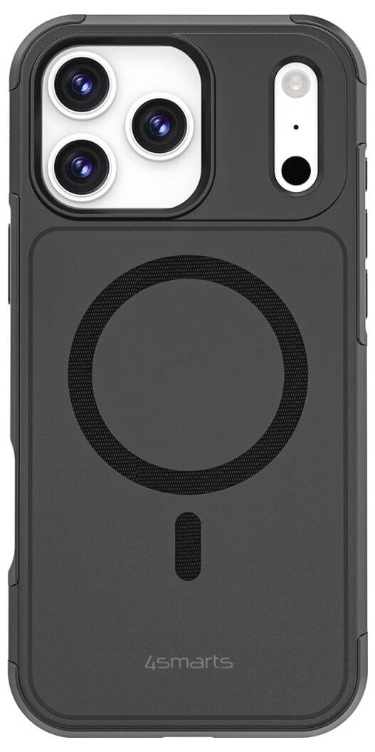 Schwarze Smartphone-Hülle mit MagSafe-Ring und Aussparungen für Dreifach-Kamera und Blitz.